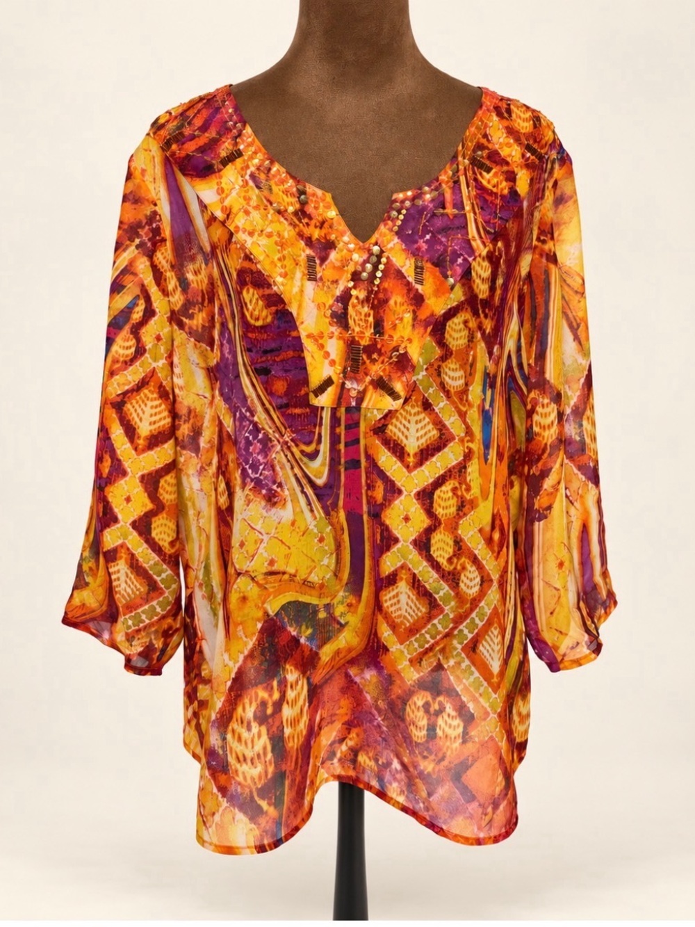 Chico's Orange and Purple Printed V-Neck Tunic with Beaded Trim